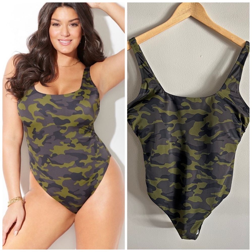 Swimsuits For All Camo One Piece Swimsuit Size 16 Scoop Neck High Cut